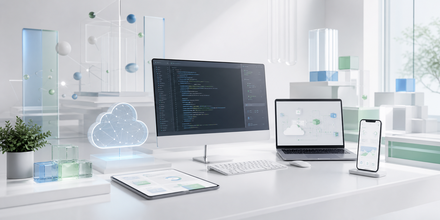 Abstract AI software systems workspace with cloud and mobile interfaces